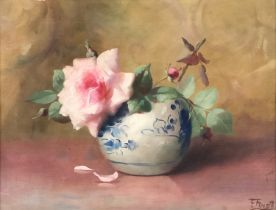 Frederick M. Fenetti (American, 1854-1915), still life of a rose in a blue and white vase, oil on