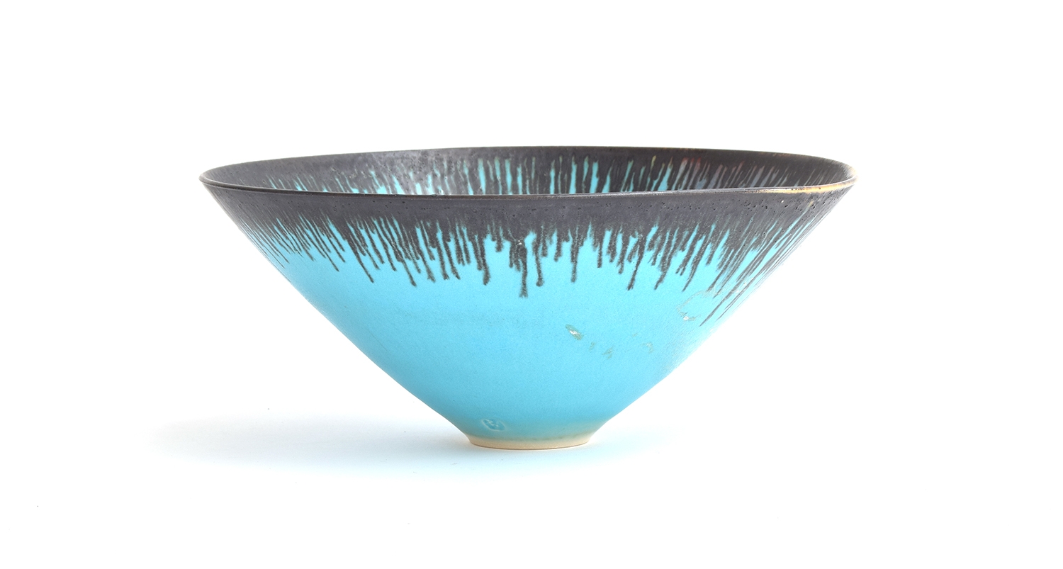 Peter Wills (b.1955), a studio pottery bowl, pale blue with rim drips, signed Wills & PW, 11cm high, - Image 2 of 6