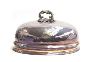 A large plated meat dome or cloche, with grape and vine handle, crested, 47x35cm
