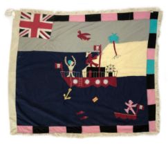 A Fante Asafo flag, Ghana, cotton, applique decorated with a Union Jack top left, figures on a