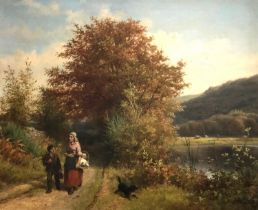 William Bromley (British, fl.1835-1888), children and a dog on a country path, oil on canvas,