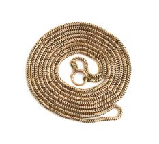 A Victorian 9ct gold snake chain long guard, fastening with a large bolt clasp, 160cm long