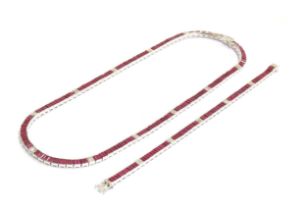 An Art Deco style 14ct white gold ruby and diamond line riviere necklace and tennis bracelet set: