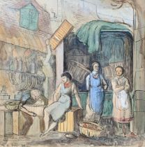 Ruth Collet NEAC (1909-2001), figures in a street market, watercolour on paper, signed and dated '34