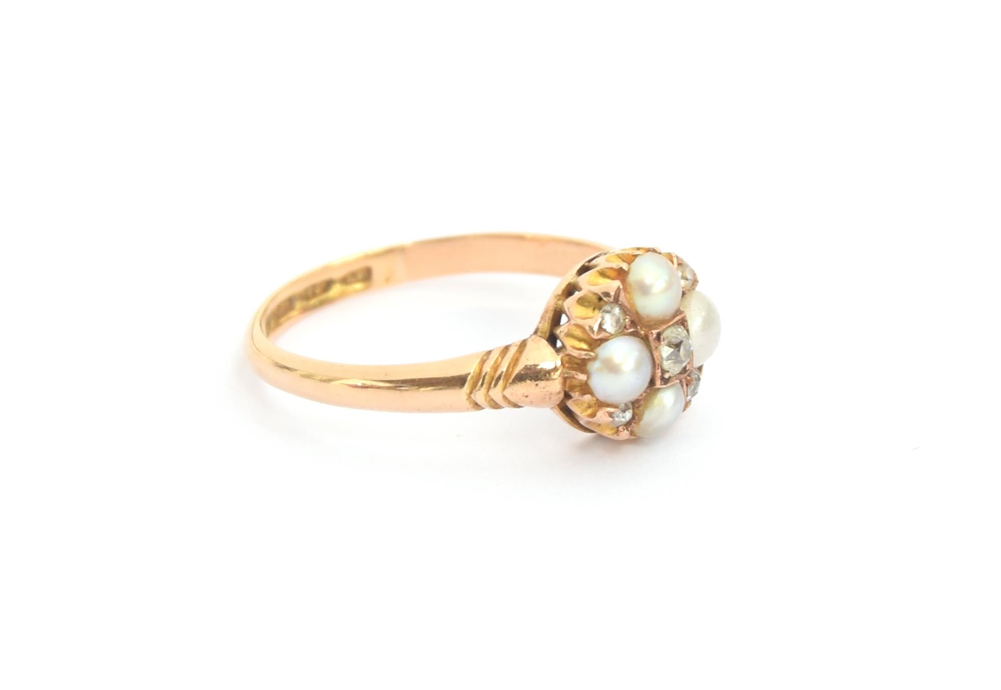 A late Victorian 18ct gold pearl and diamond quatrefoil cluster ring, hallmarked for Birmingham - Image 2 of 2