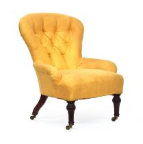 A Victorian button back slipper chair by Holland & Sons, with loose cream cover, on turned front