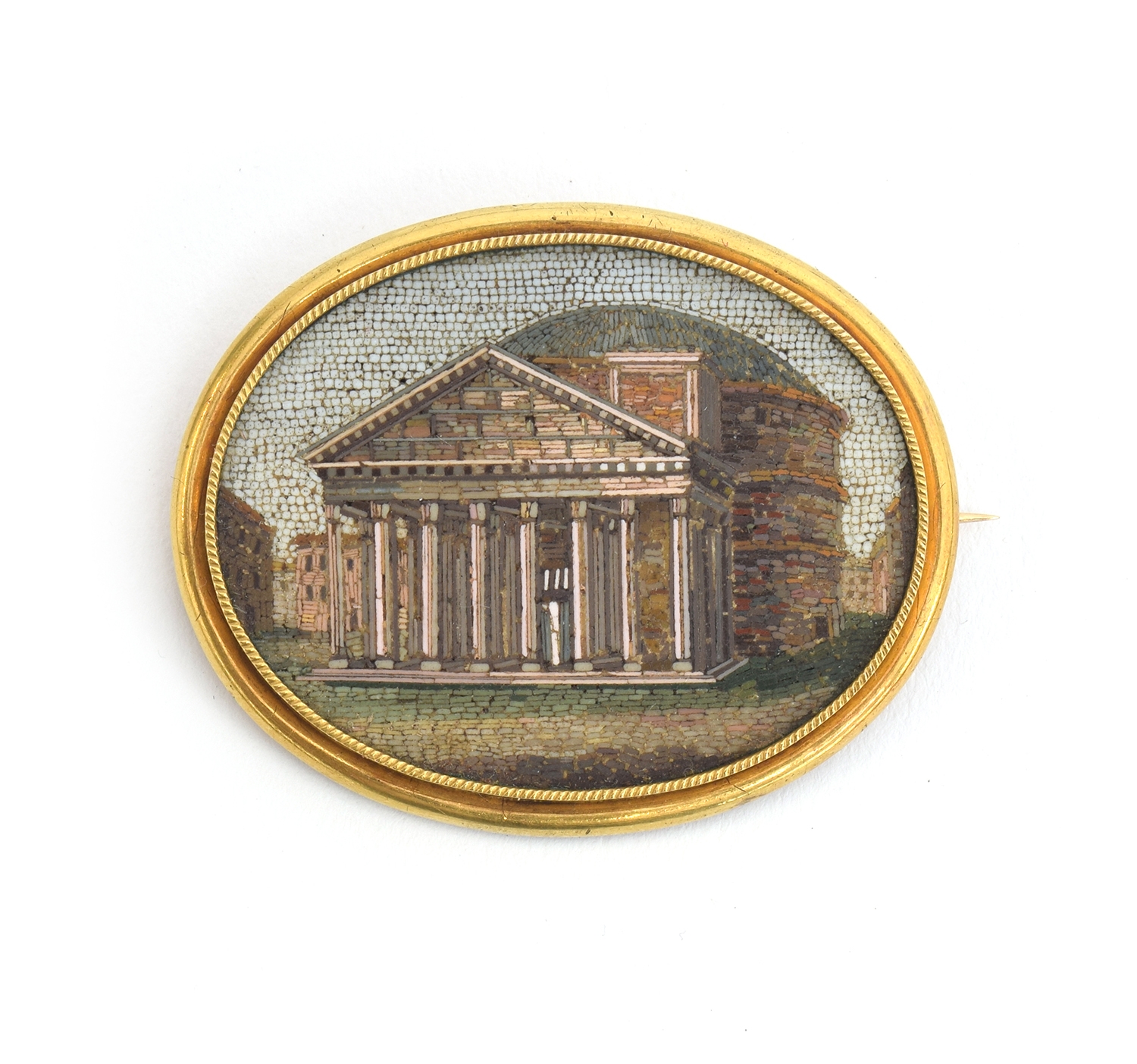 A fine quality Victorian gold mounted micro mosaic brooch depicting The Pantheon, Rome. The gold
