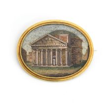 A fine quality Victorian gold mounted micro mosaic brooch depicting The Pantheon, Rome. The gold