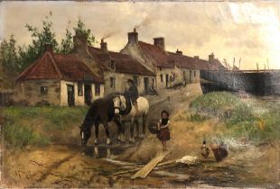 John F. Moffat, 19th century oil on canvas, ponies in a vlllage street, dated 1880, 51x77cm