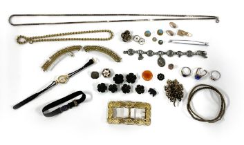 A mixed lot of jewellery parts to include a broken 19th century pinchbeck and wax pearl tiara (