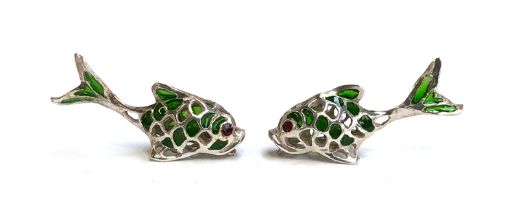 A pair of small 800 silver and plique a jour enamel fish figurines, each 4.5cm long