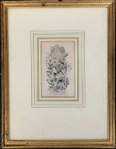 A 19th century hand coloured print of a statue of lovers embracing surrounded by flowers, 14x8.5cm