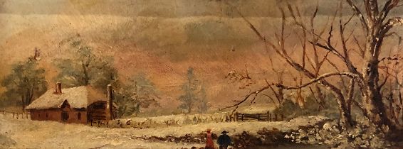 Attributed to I. Wilding, barn in snow, oil on panel, 8x21cm