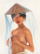 Half length nude in straw hat, oil on canvas, signed and dated 2012, 80x60cm