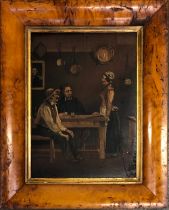 19th century Dutch, oil on panel, domestic interior, 21x15cm, in a burr maple frame
