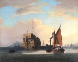 19th century Dutch, maritime scene at sunset, oil on canvas, 42x52cm