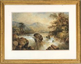 Late 19th century watercolour of a waterfall, monogrammed E.M.W, dated '92, 36x56cm