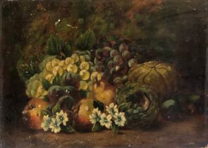 Late 19th/early 20th century oil on board, still life of fruit and a birds nest, 37x51cm