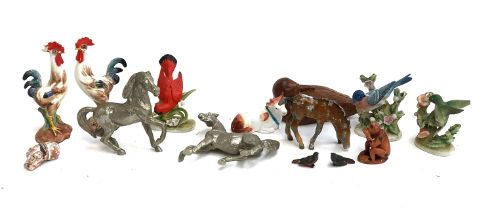 A mixed lot of animal figurines to include cold painted horse and birds; metal horses; Italian