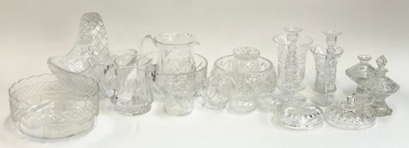 A mixed lot of cut glassware, to include jugs, bowls, a pair of candlesticks, jam pots, etc