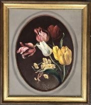 20th century oil on board, study of tulips, in oval mount and gilt frame, 27x20cm