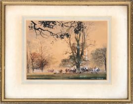 Chris D Watkiss (b.1911), 'The meet under the tree', watercolour, signed lower right, 18x25cm