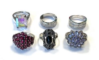 A quantity of silver rings to include Art Deco style, aurora borealis crystal etc