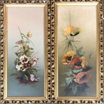 A pair of early 20th century oils, floral studies, oil on artist's board, in pierced foliate gilt