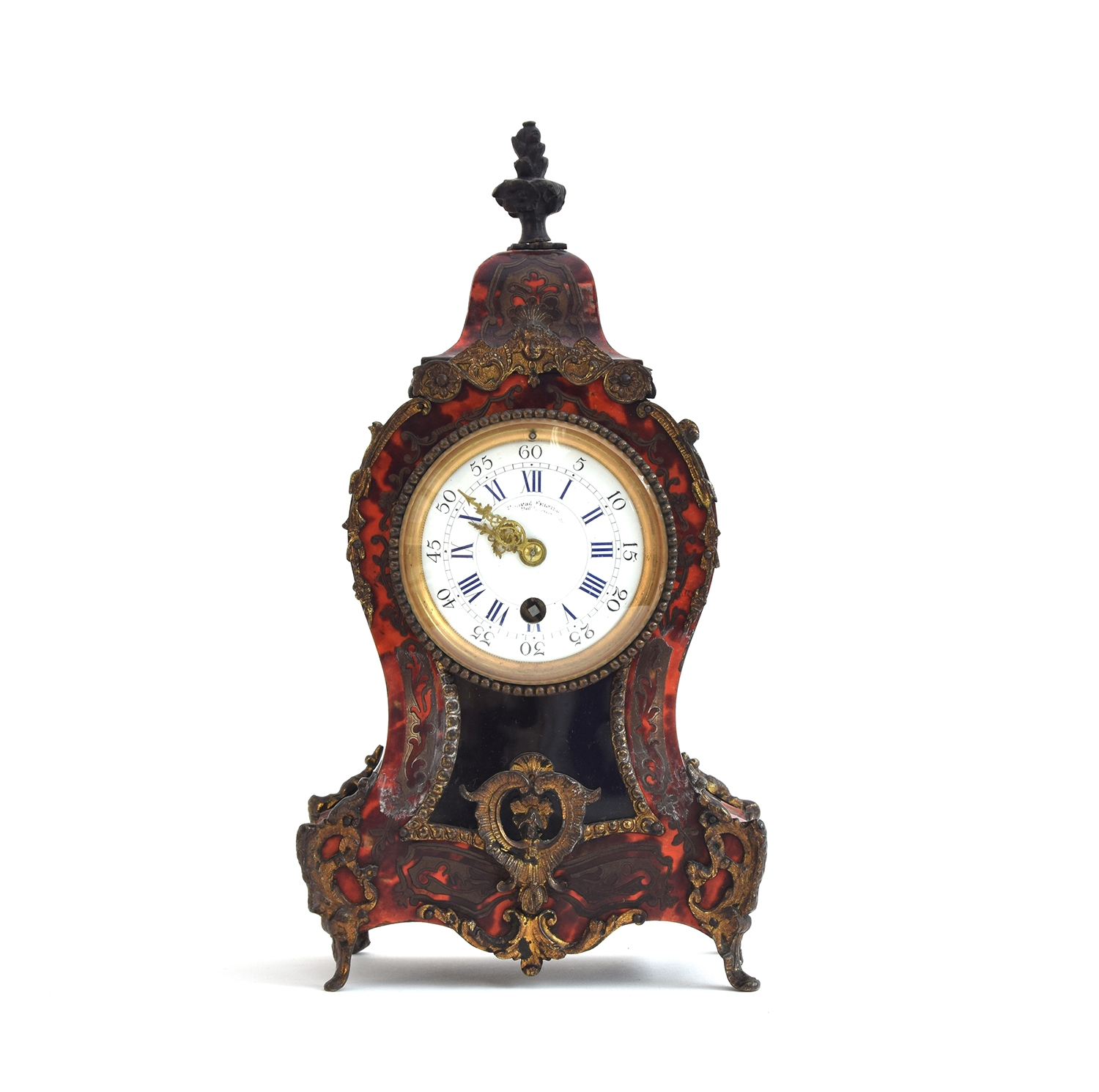 A 19th century German boulle and ormolu mantel clock, of bombe form, signed enamel dial with blue