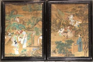 A pair of 19th century Chinese paintings on silk depicting garden and battle scenes, 58x41cm