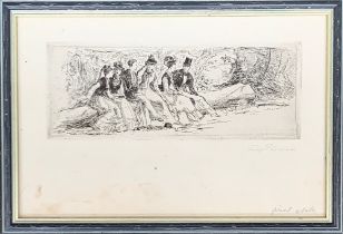 Percy Thomas (British, 1846-1922), drypoint etching of ladies and gents seated in Hadley Wood,