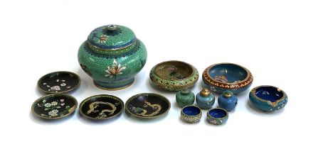 A mixed lot of Chinese cloisonne enamel items, to include pin dishes, lidded jar 14cmH, cruet set