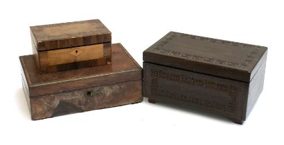 A 19th century brass bound writing box (af); together with a further small jewellery box; and an oak