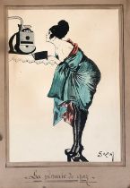 A 1920s watercolour caricature 'La Penurie de Gaz', a robed lady reading a gas meter, titled and