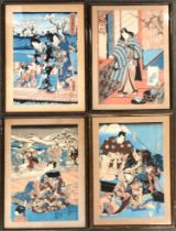 Four 19th century Japanese woodblock prints by Utagawa Toyokuni depicting courtesans and samurai,
