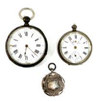 Two silver fob watches, one with enamel dial decorated with a floral spray, the case stamped 800