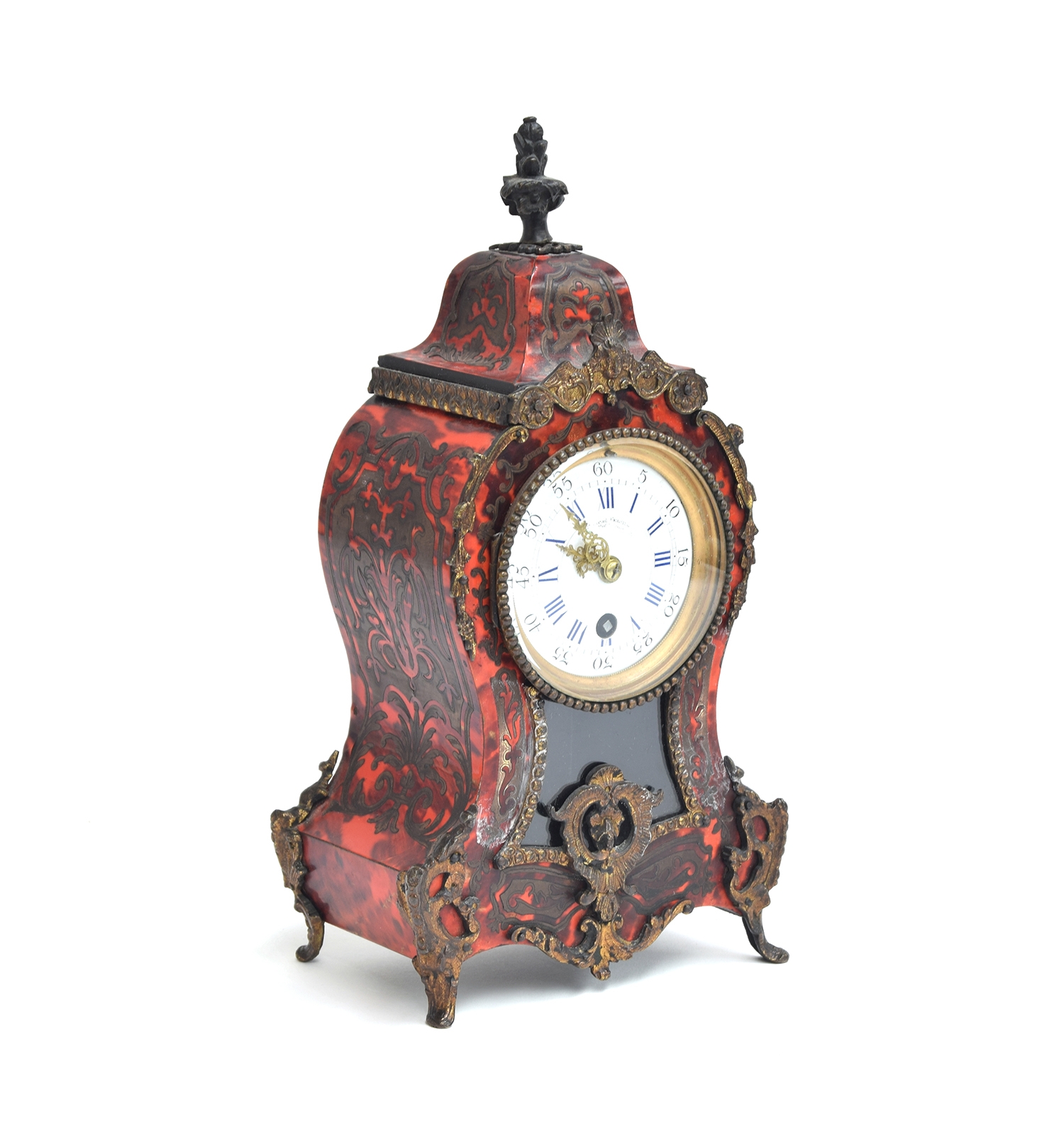 A 19th century German boulle and ormolu mantel clock, of bombe form, signed enamel dial with blue - Image 3 of 3