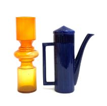A mid century orange glass vase, 30.5cmH ; together with an Ellgreave pottery blue glazed coffee