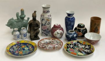 A mixed lot of Chinese and Japanese ceramics, to include kneeling 'terracotta' warrior, ginger jars,