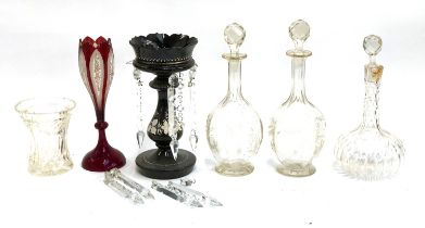 A mixed lot of glass to include a black bohemian glass table lustre, 27cmH; cranberry glass vase;