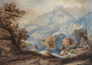 Manner of John Varley (1778-1842), watercolour study of a mountainous landscape, 20.5x28.5cm