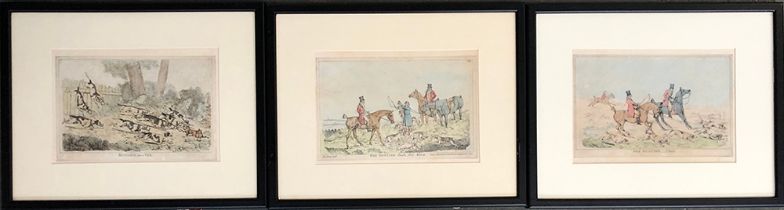 After H Alken, three 19th century coloured engravings c.1824, 'Running into a fox' and two others,