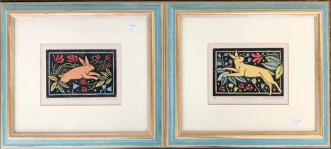 Liz Graham Yooll, a pair of coloured woodcuts, 'Sant'Antino Rabbit' and 'Sant'Antino Hare', each