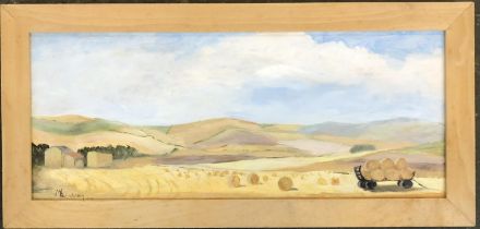 Miranda Lindsey, Wiltshire Harvest, oil on board, signed and dated '03, 18x45cm