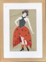 A 20th century mixed media fashion maquette of a lady in a spotted red dress, 45x29cm