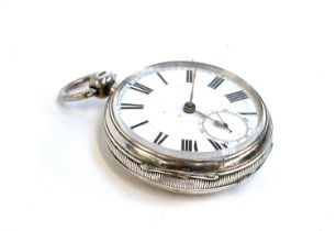 A Victorian open face silver key wind fob watch, white enamel dial with Roman numerals and