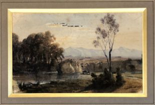 An early 19th century watercolour, lake within a landscape, 14.5x23.5cm