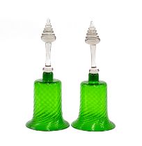 A pair of hand blown green glass bells, c.1900, each 31cmH