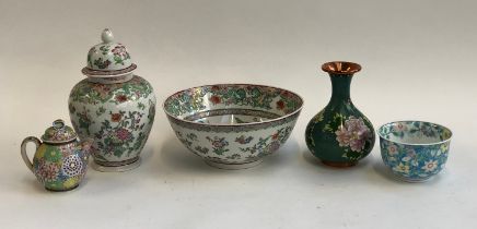 A quantity of Chinese ceramics to include rose bowl, 26cmD; baluster vase and cover, 24cmH; and