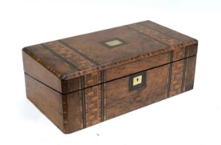 A 19th century walnut and parquetry writing box with vacant brass plaque, 50cmW